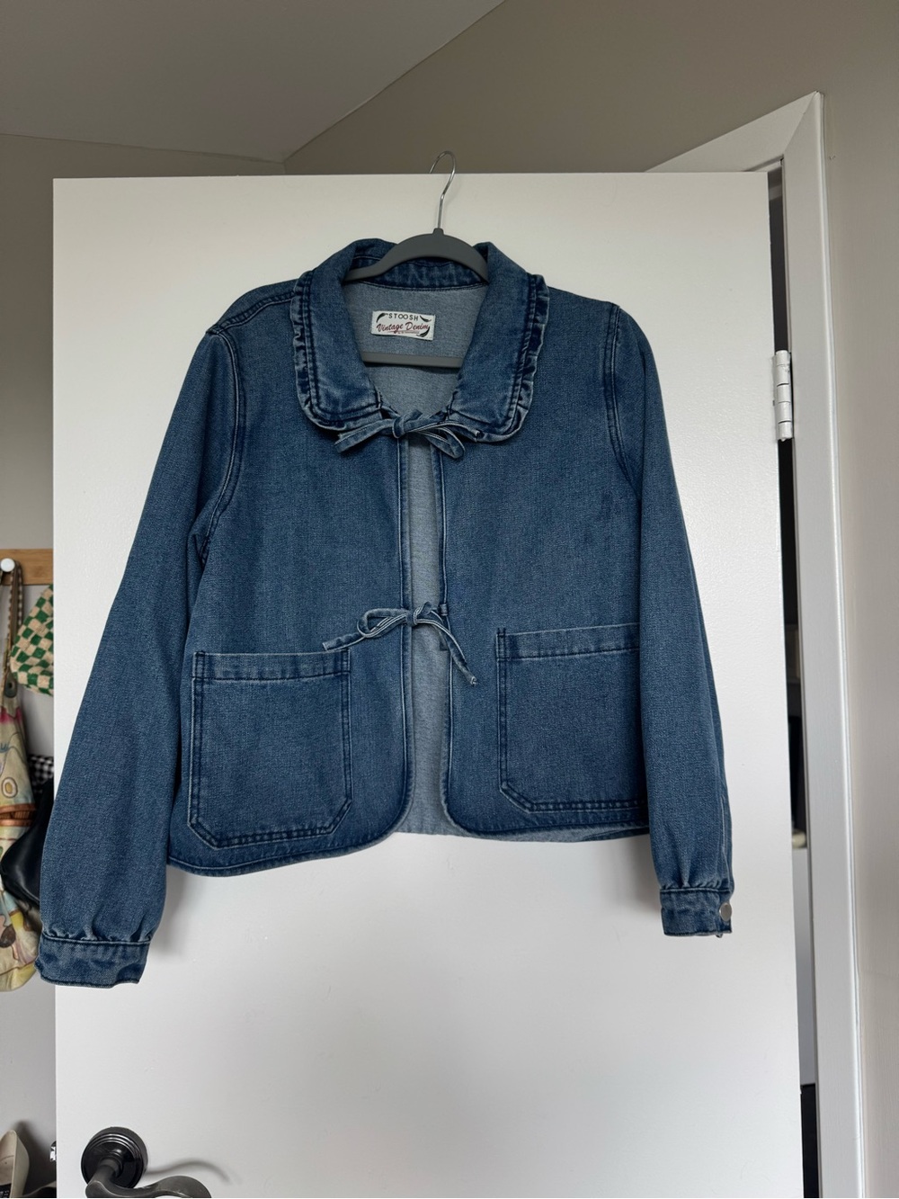 Vintage-Inspired Blue Denim Tie-Front Jacket